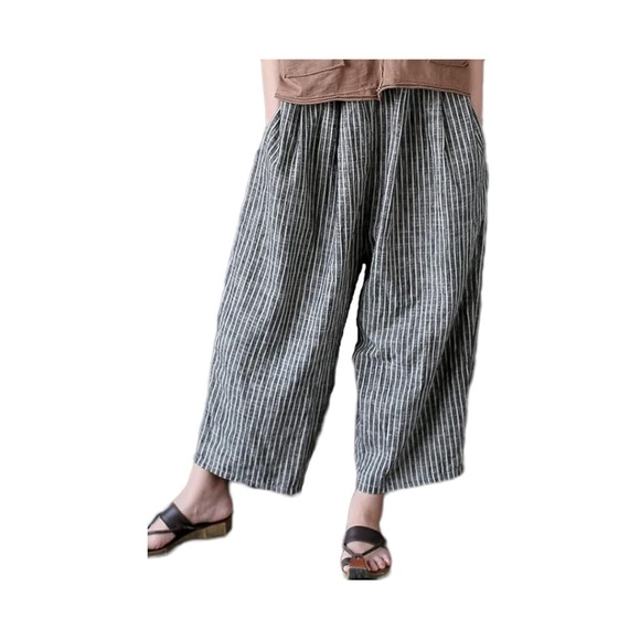 New With Tags - Wide Leg Cropped Cotton Linen Striped Harem / Palazzo Pants - Picture 1 of 6
